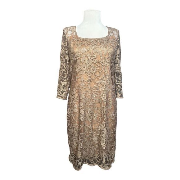 Kay Unger Dresses & Skirts - Kay Unger‎ Gold Lace 3/4 Length Sleeve Slip Dress Cocktail Party Formal Size 8